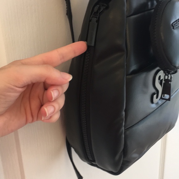 Steve Madden Black Puffy Leather Sling Backpack - Picture 6 of 17